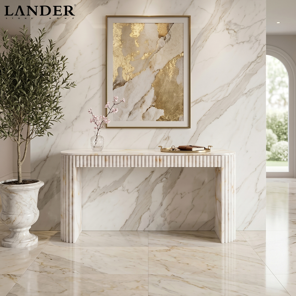 Marble Console Table with White Jade and Concave-Convex Edge Design ...