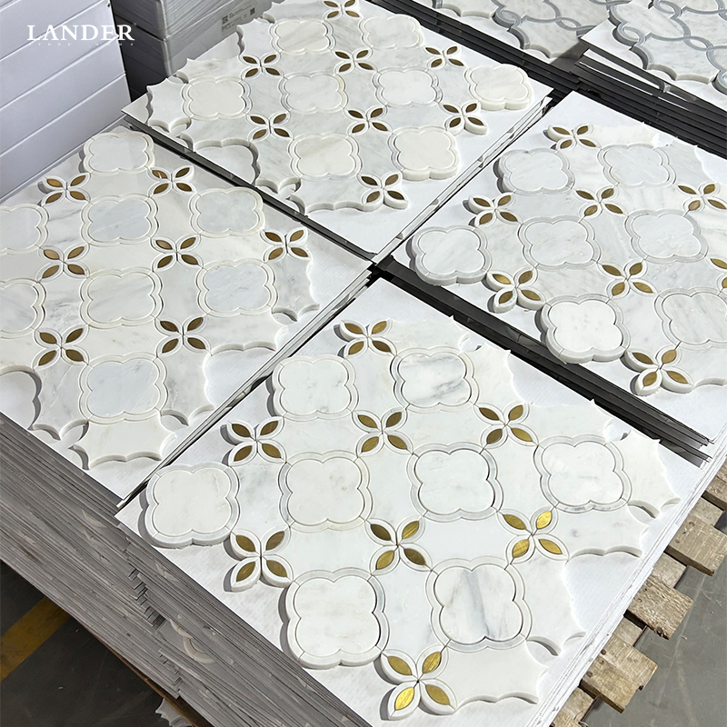 Oriental White and Brass Design Waterjet Marble Mosaic Tiles - LanderStone