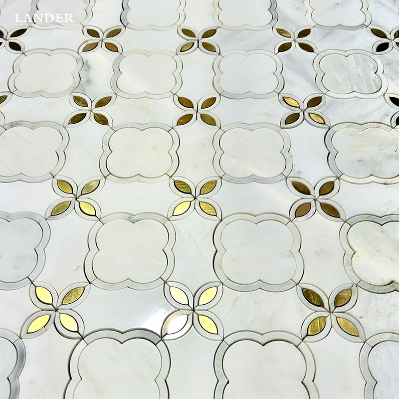 Oriental White and Brass Design Waterjet Marble Mosaic Tiles - LanderStone